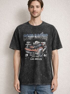 Source Unknown Black Road Racing Graphic Tee with Flame Car Print